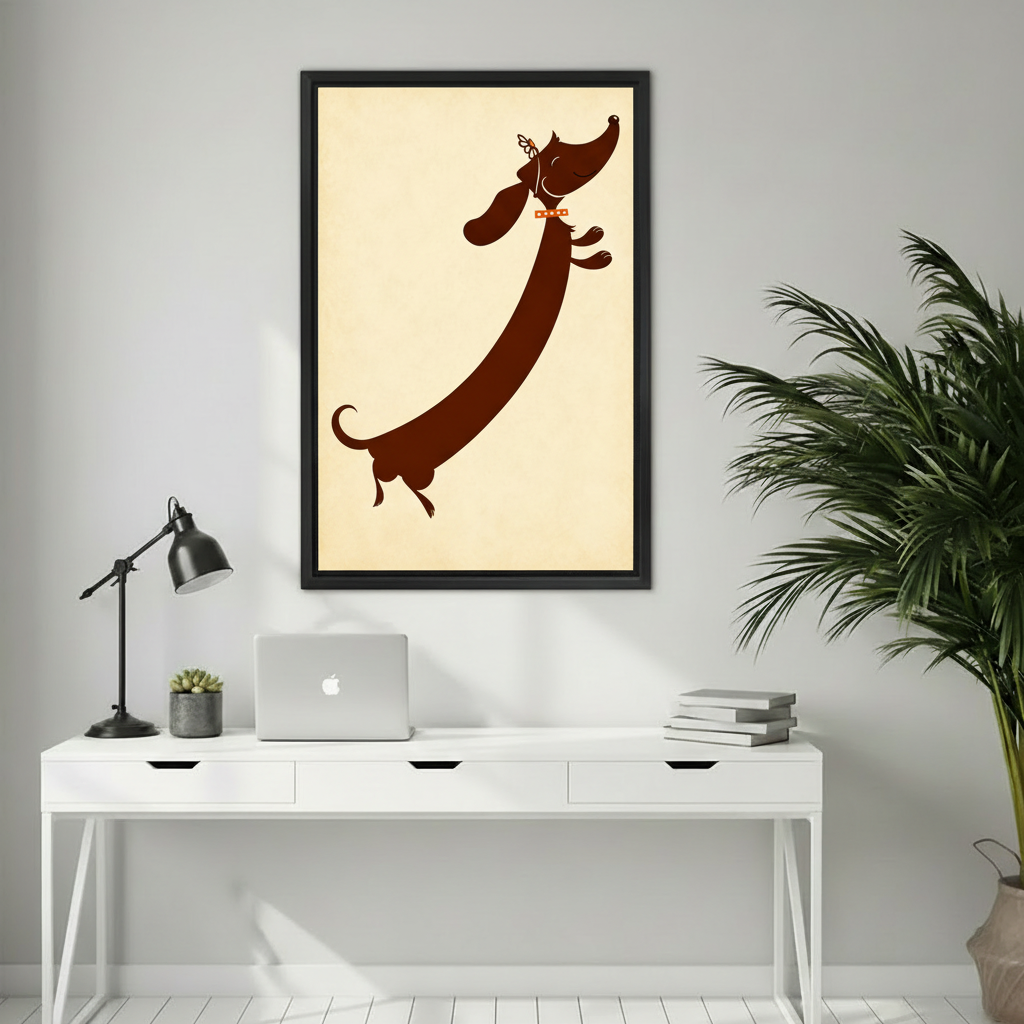 Retro dachshund silhouette canvas print in black frame above white minimalist desk in modern home office