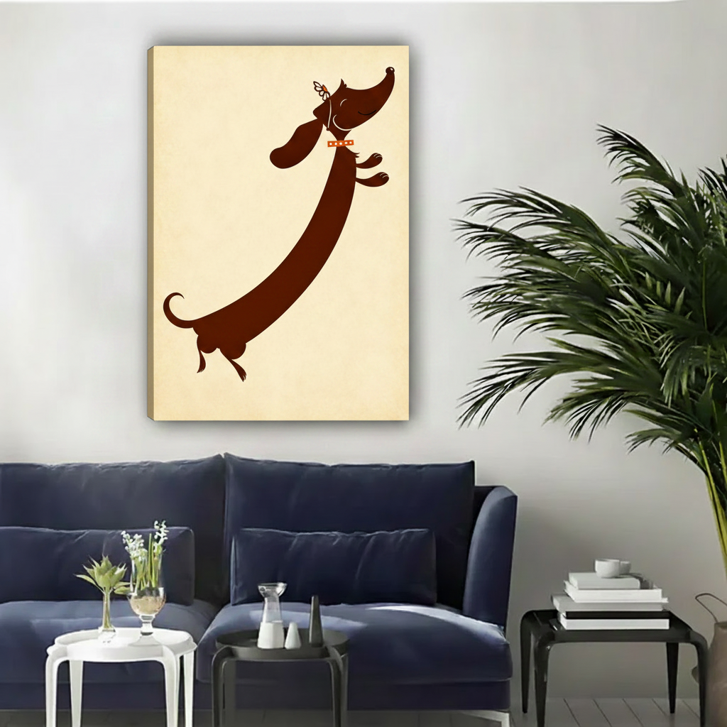Whimsical dachshund silhouette unframed gallery wrap canvas art above navy sofa with green palm plant decor