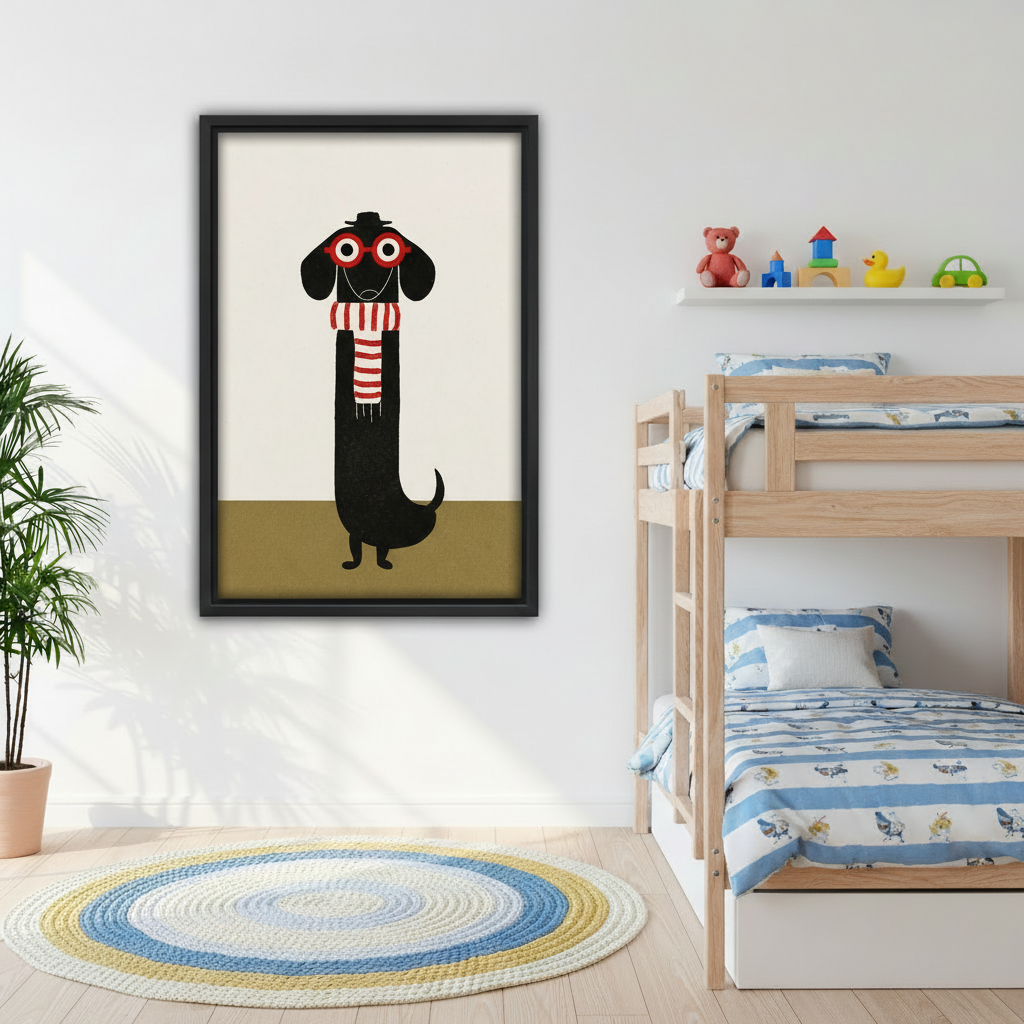 Folk art dachshund wearing red glasses and striped scarf canvas print in cozy bedroom, neutral tone wall decor