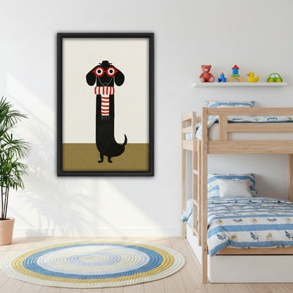 Folk art dachshund wearing red glasses and striped scarf canvas print in cozy bedroom, neutral tone wall decor