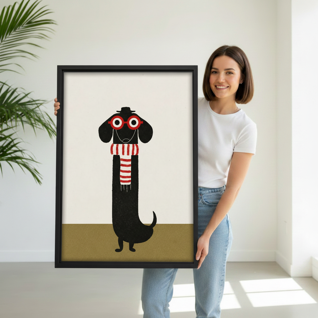 Woman holding large black framed dachshund folk art canvas print, unique funny dog lover gift