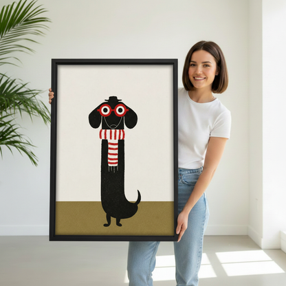 Woman holding large black framed dachshund folk art canvas print, unique funny dog lover gift