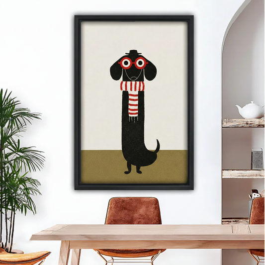 Black framed minimalist dachshund with red glasses and striped scarf folk art canvas wall art, dining room decor