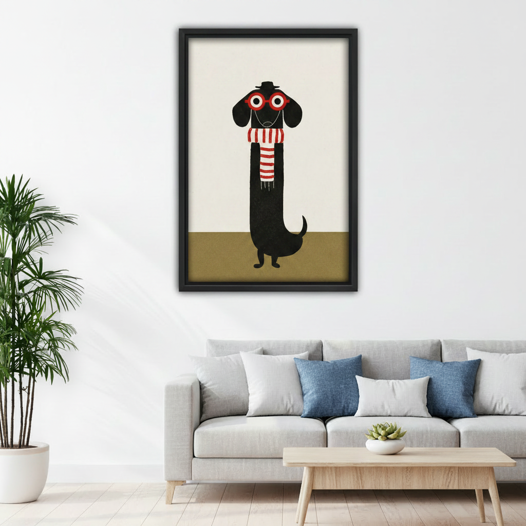 Minimalist dachshund with glasses and scarf framed canvas wall art above sofa in modern living room