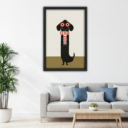 Minimalist dachshund with glasses and scarf framed canvas wall art above sofa in modern living room