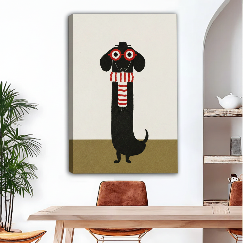 Frameless gallery wrap canvas print of stylish dachshund wearing glasses and scarf, minimalist dog wall art