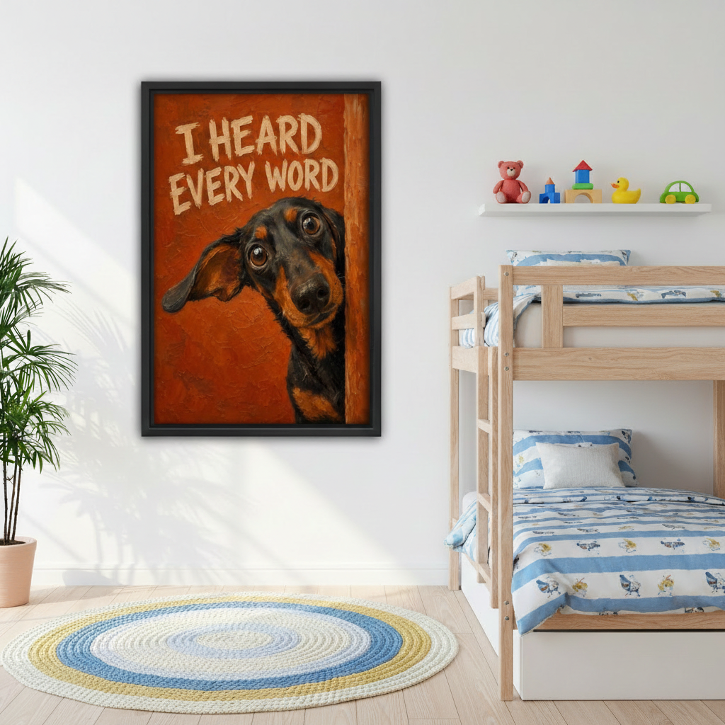 Cute dachshund "I Heard Every Word" framed wall print displayed in children's bedroom with bunk bed
