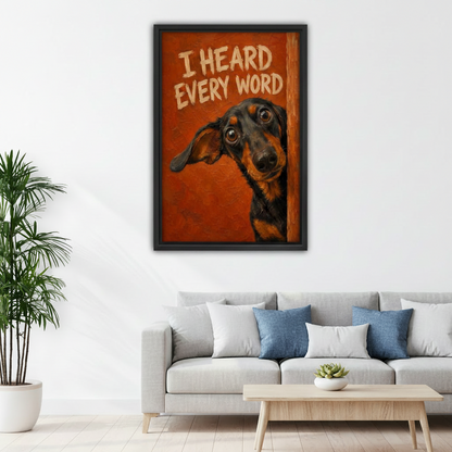  Funny dachshund framed poster art hanging above grey sofa in bright modern living room