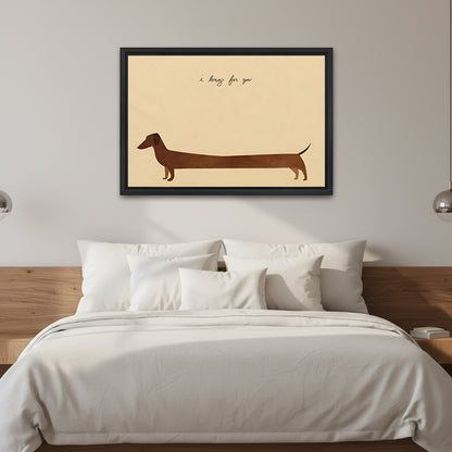 Dachshund I long for you minimalist cream background long chocolate brown silhouette handwritten script black framed canvas wall art on white wall above wood slab headboard bed with white linen and silver wall sconces