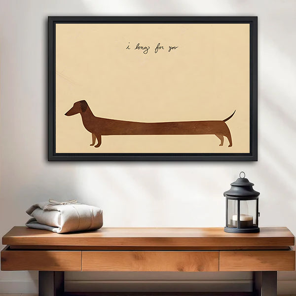 dachshund-i-long-for-you-minimalist-framed-canvas-white-wall-wood-console-table-lantern	