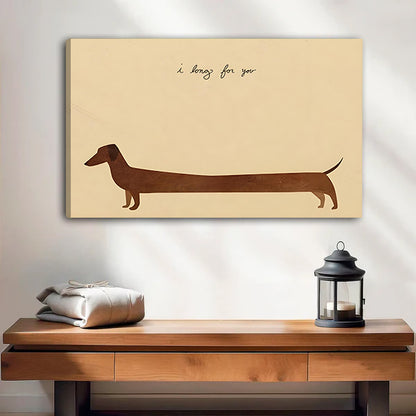 Dachshund I long for you minimalist cream background chocolate brown silhouette handwritten script gallery wrap canvas wall art on white wall above warm wood console table with iron lantern