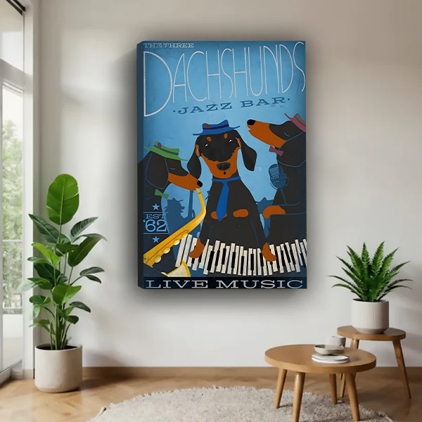 Dachshund jazz bar canvas wall art in a black frame hanging above a cream sofa.