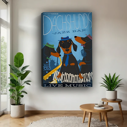 Dachshund jazz bar canvas wall art in a black frame hanging above a cream sofa.