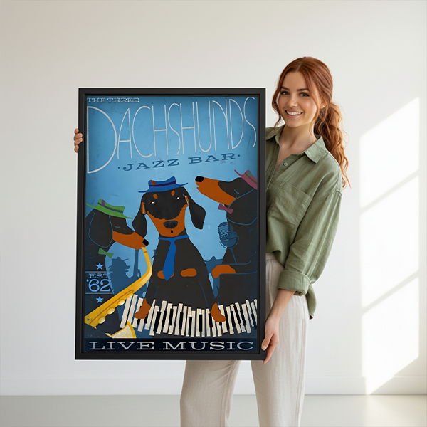 Framed dachshund jazz bar canvas wall art with piano keys displayed beside a woven headboard.