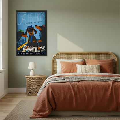 Woman holding framed dachshund jazz bar canvas wall art featuring three dogs and live music lettering.