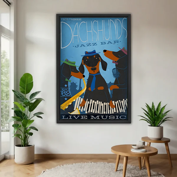 Framed dachshund jazz bar canvas wall art with blue poster lettering displayed between potted plants.