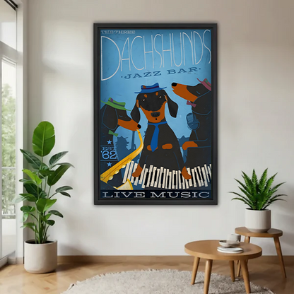 Framed dachshund jazz bar canvas wall art with blue poster lettering displayed between potted plants.