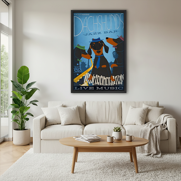 Unframed dachshund jazz bar canvas wall art showing three dogs and instruments between indoor plants.