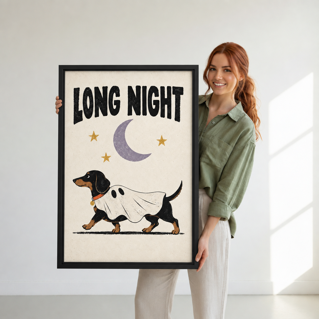 A woman holds framed Dachshund Long Night canvas wall art featuring a costumed dog beneath a crescent moon and stars.