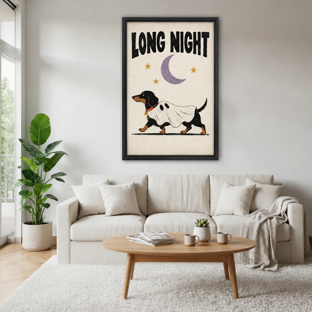 Dachshund Long Night framed canvas wall art hangs above a sofa in a bright living room.