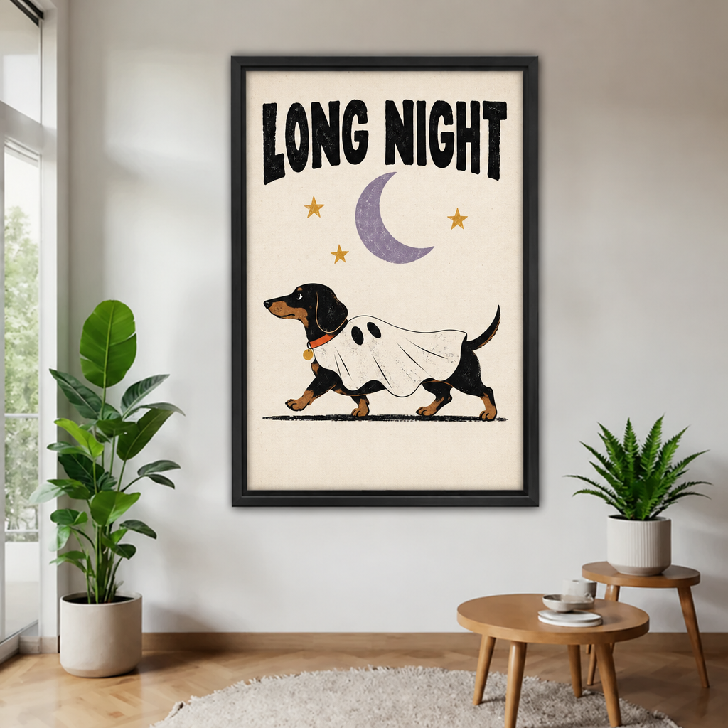 Framed Dachshund Long Night canvas wall art is displayed between potted plants in a living room.