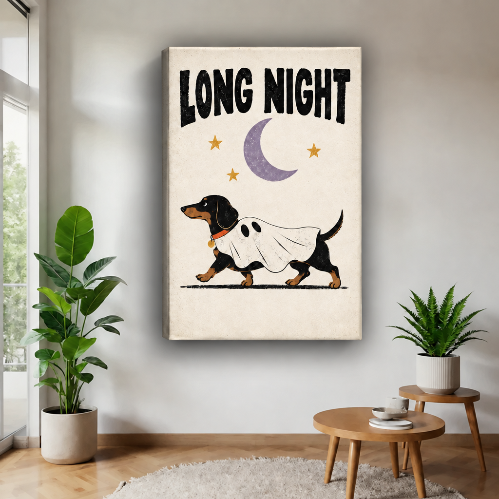 Dachshund Long Night gallery-wrap canvas displays a playful costumed dog beneath a crescent moon and stars.