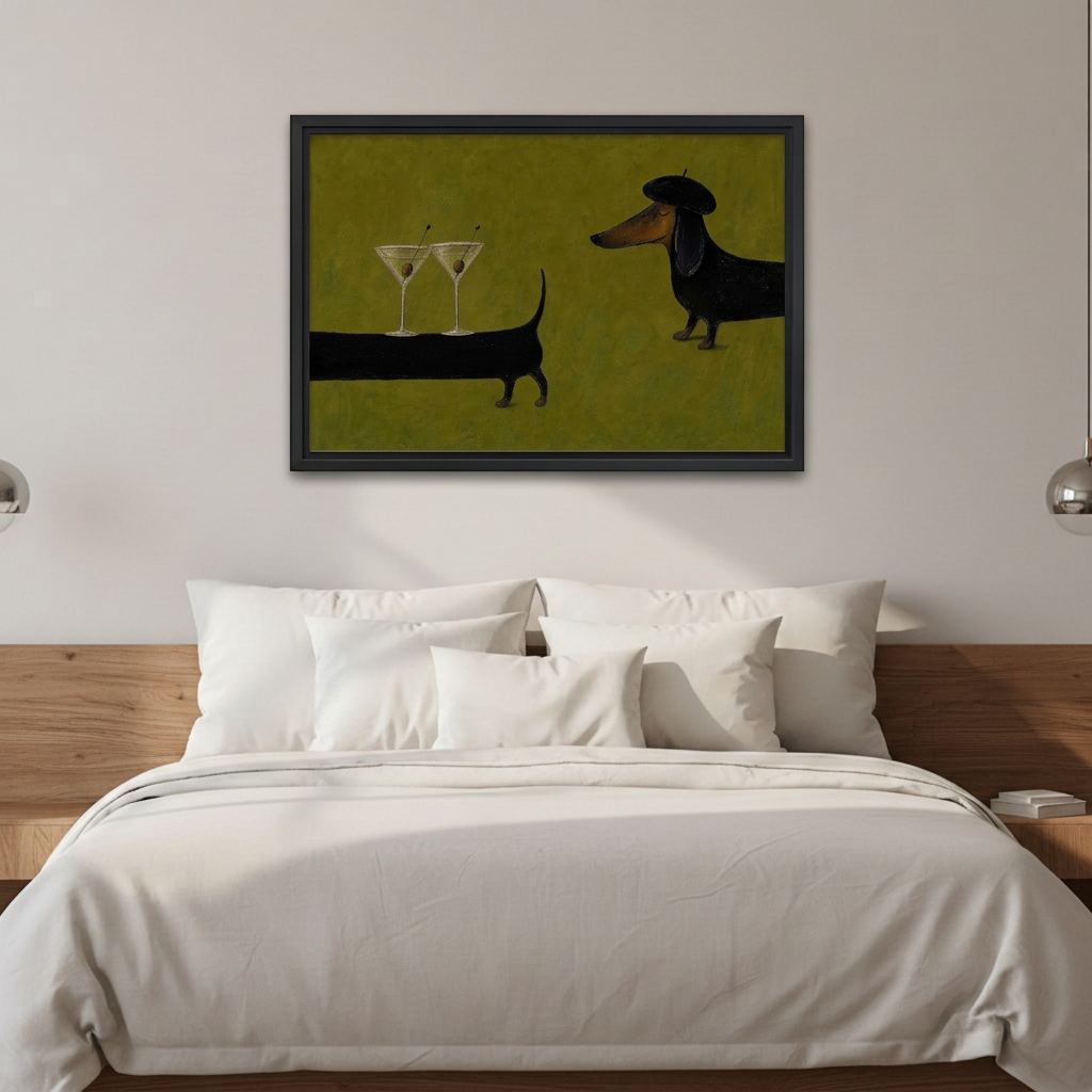 Dachshund martini canvas wall art in a black frame above a white bed with a wooden headboard