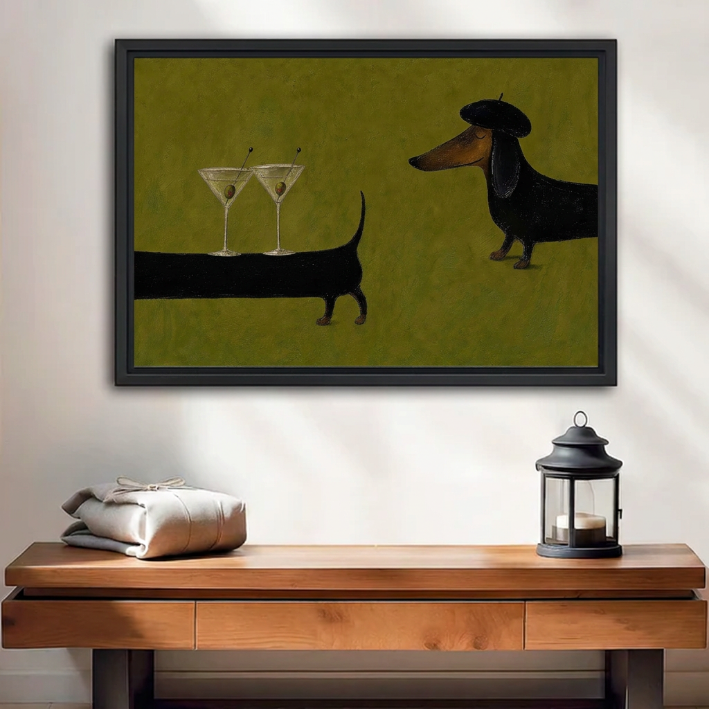 Framed dachshund martini canvas wall art above a wooden bench with a black candle lantern