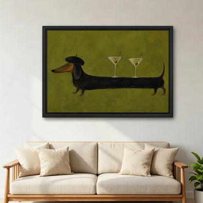 Large framed dachshund martini canvas wall art with an olive green background above a cream living room sofa