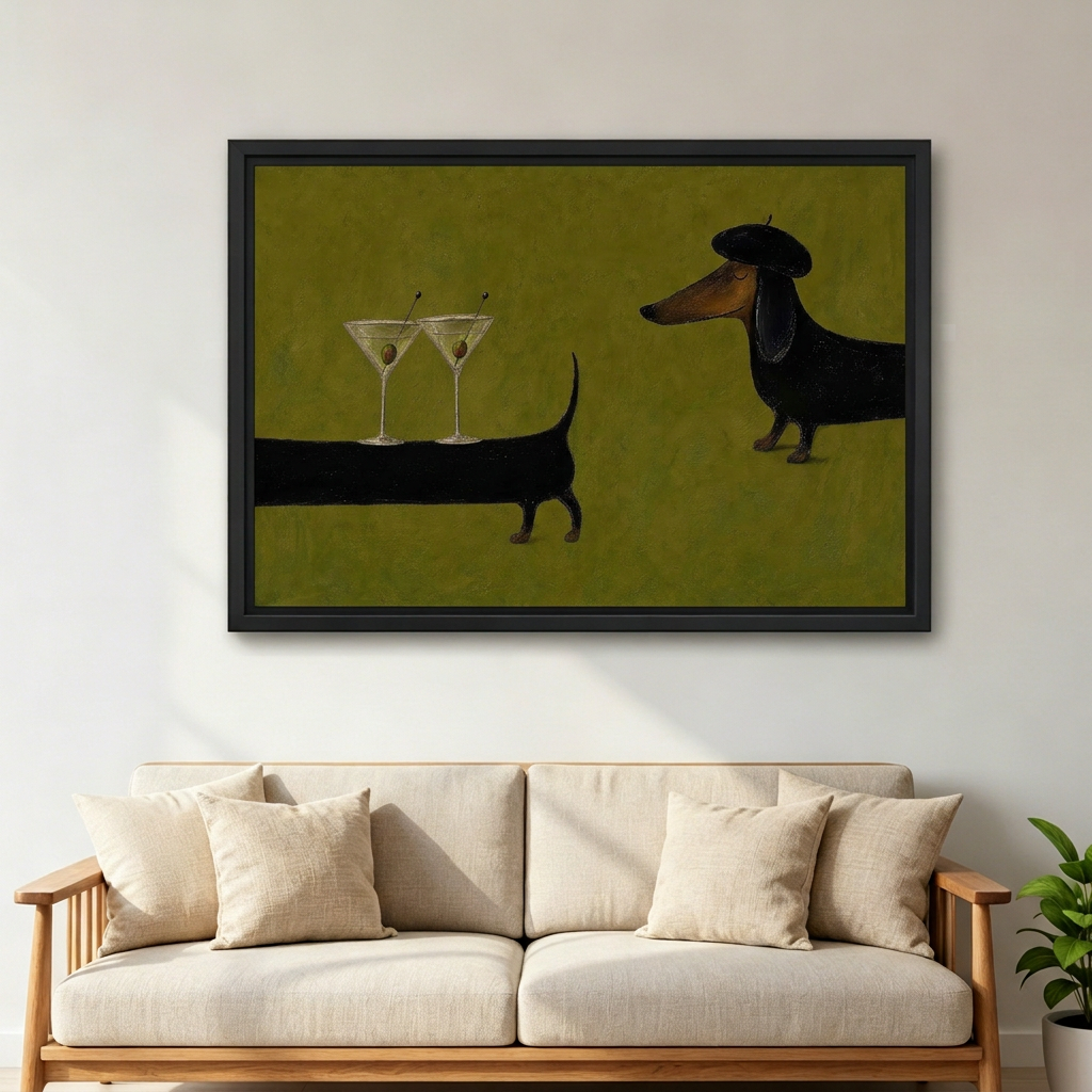Large framed dachshund martini canvas wall art with a beret-wearing dog above a cream living room sofa