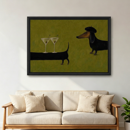 Large framed dachshund martini canvas wall art with a beret-wearing dog above a cream living room sofa