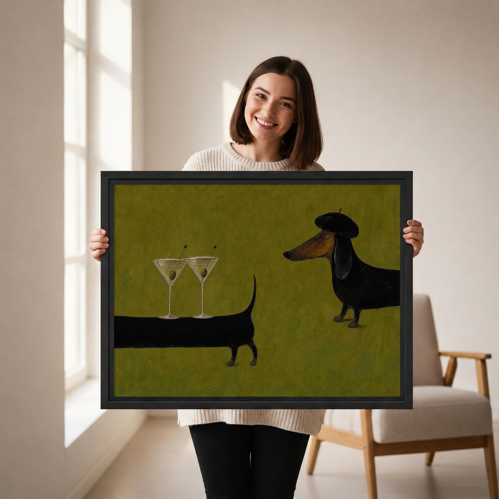 Woman holding framed dachshund martini canvas wall art featuring two dogs, cocktail glasses, and an olive green background