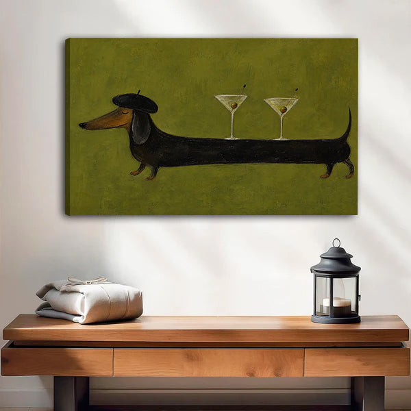 Gallery-wrap dachshund martini canvas wall art showing the left canvas edge above a wooden bench