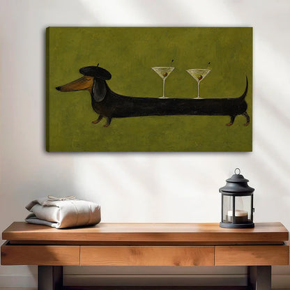 Gallery-wrap dachshund martini canvas wall art showing the left canvas edge above a wooden bench
