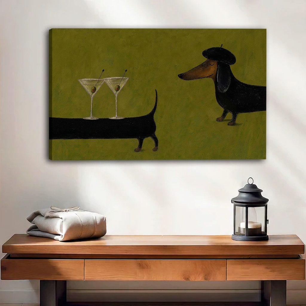 Gallery-wrap dachshund martini canvas wall art showing the left canvas edge above a wooden bench