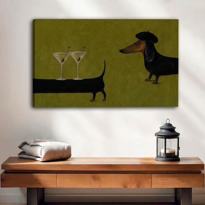 Gallery-wrap dachshund martini canvas wall art showing the left canvas edge above a wooden bench