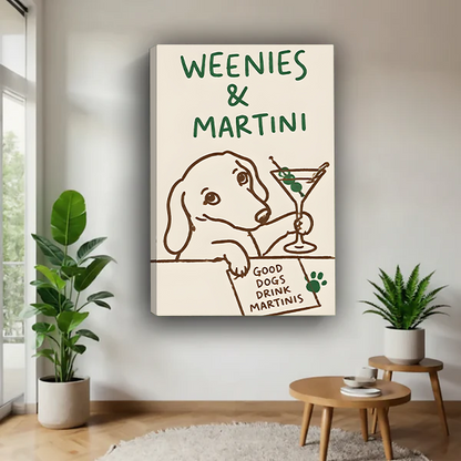 Framed dachshund martini wall art on a light living room wall beside potted plants and a wooden table