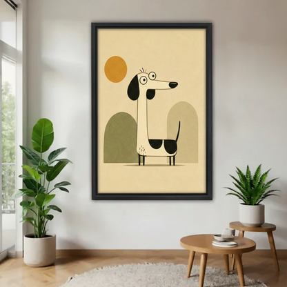 Quirky dachshund minimalist dog illustration framed wall art print displayed in bright white room with tropical monstera and fern plants