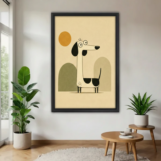 Quirky dachshund minimalist dog illustration framed wall art print displayed in bright white room with tropical monstera and fern plants