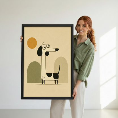 Smiling woman holding large framed dachshund minimalist dog canvas wall art print against white wall with natural window light