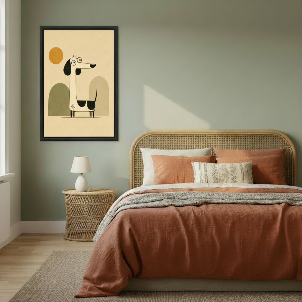 Dachshund mid-century modern framed canvas wall art hanging on sage green wall in boho bedroom with rattan bed and terracotta bedding