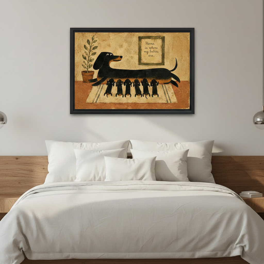 Vintage folk art dachshund mom and puppies framed canvas print hung above white bed in modern bedroom