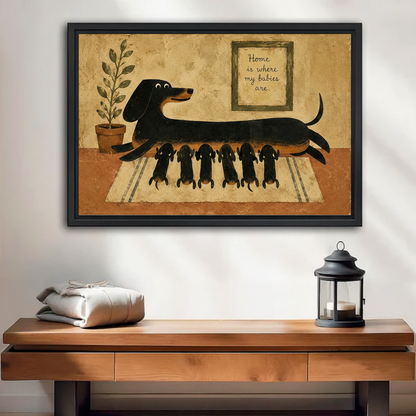 Dachshund mom and puppies vintage folk art framed canvas wall art displayed above wooden console table in entryway