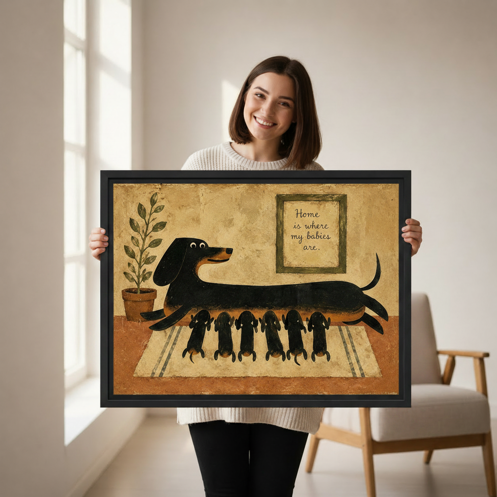 Woman holding dachshund mom and puppies vintage folk art framed canvas wall art size reference