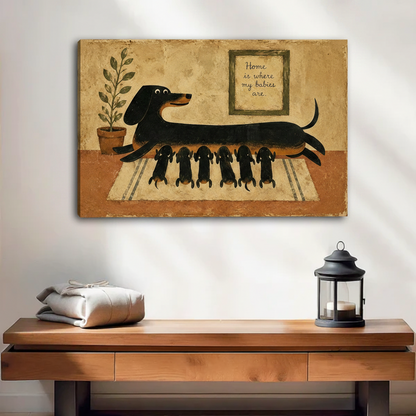 Dachshund mom and puppies vintage folk art gallery wrap canvas print above wooden console table in entryway