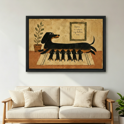 Vintage folk art dachshund mom and puppies framed canvas print displayed above beige sofa in living room