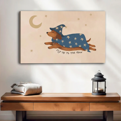 Gallery-wrap dachshund moon canvas wall art with stars and Fly Me to the Moon lettering.