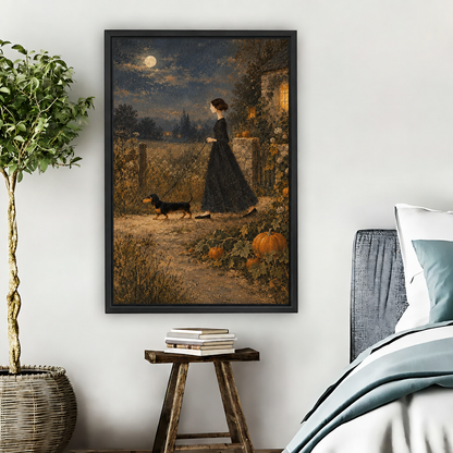 Black framed dachshund moonlit walk canvas wall art with pumpkins above a rustic wooden stool beside a bed
