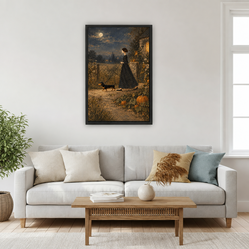 Dachshund moonlit walk framed canvas wall art above a white marble desk with gold accents and cream chair