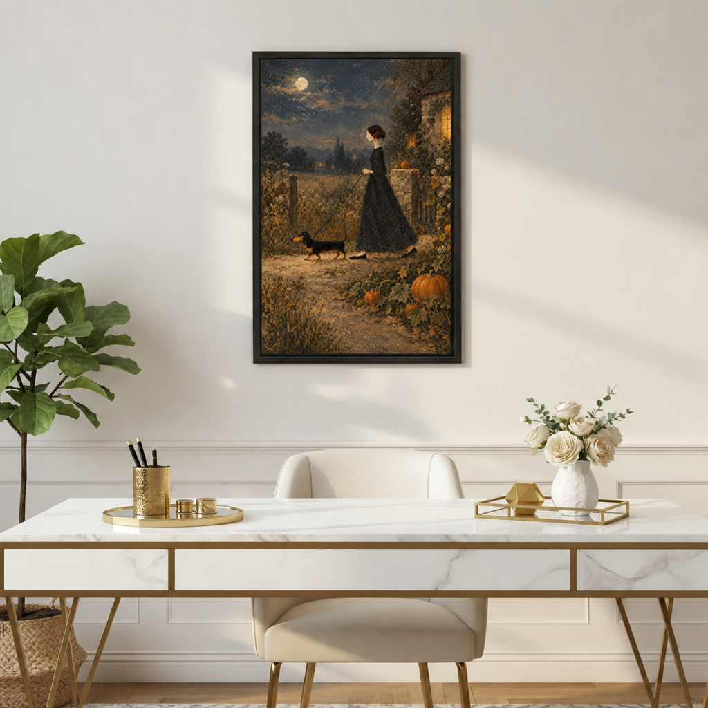 Dachshund moonlit walk framed canvas wall art hanging above a light grey sofa and wooden coffee table